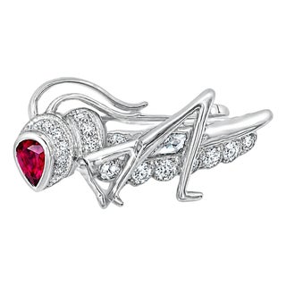 Late 20th Century 14K White Gold Ruby Diamond Grasshopper Brooch For Sale