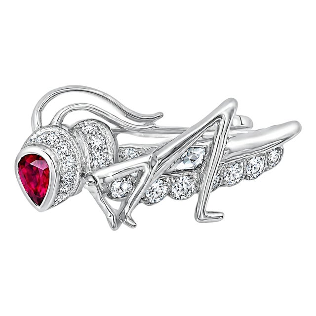 Late 20th Century 14K White Gold Ruby Diamond Grasshopper Brooch For Sale