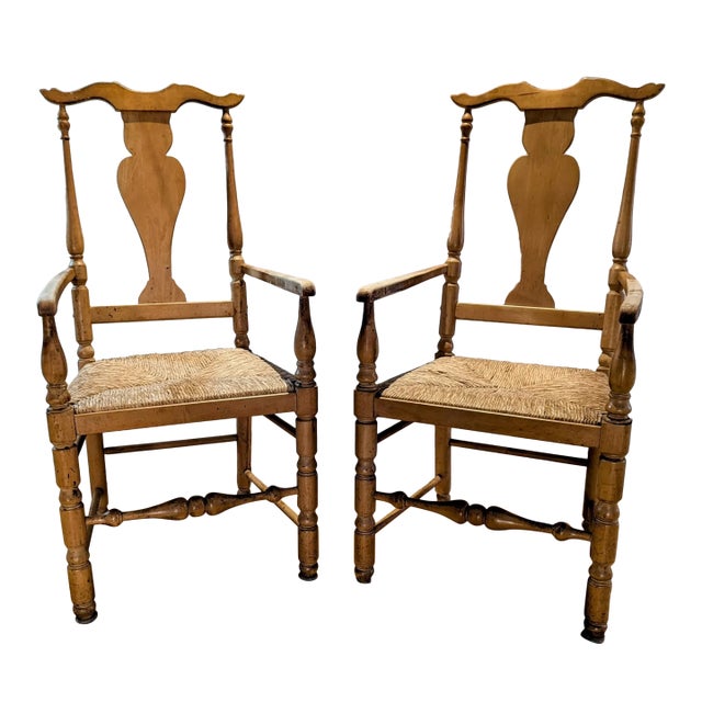 English Country Pine Woven Seat Armchairs - Set of 2 For Sale