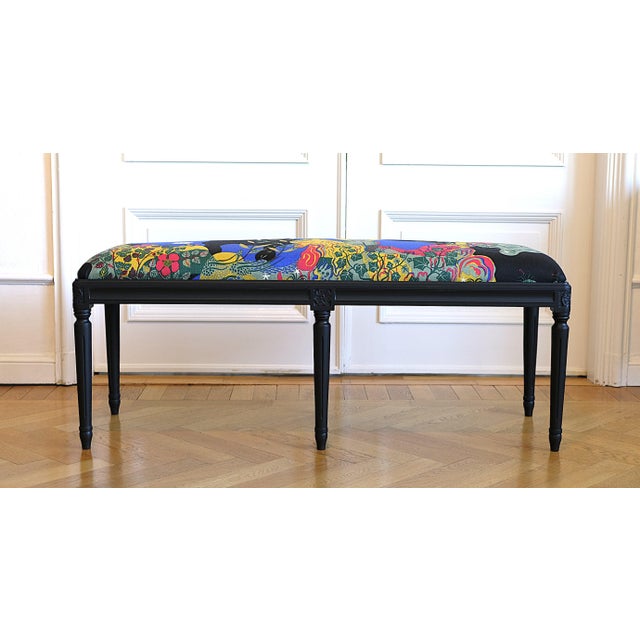 Beautiful Gustavian bench made in Sweden in 1960s in matte black and with new padding and new thick linen fabric...