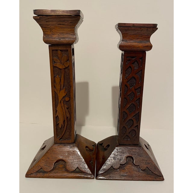 Set of Arts and Crafts Carved Candlesticks For Sale - Image 4 of 8
