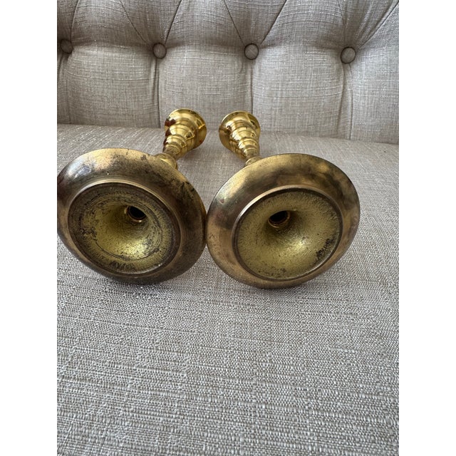 Brass Late 20th Century Solid Brass Candlestick Holders - Set of 2 For Sale - Image 8 of 11