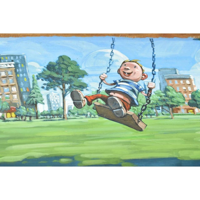 Up for sale is a large vintage original cartoon oil painting of a boy swinging in a city park. It's painted on the thick...