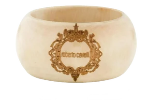Late 20th Century Roberto Cavalli Cuff Bangle Ivory Color Wood Beige Off White Logo Wide