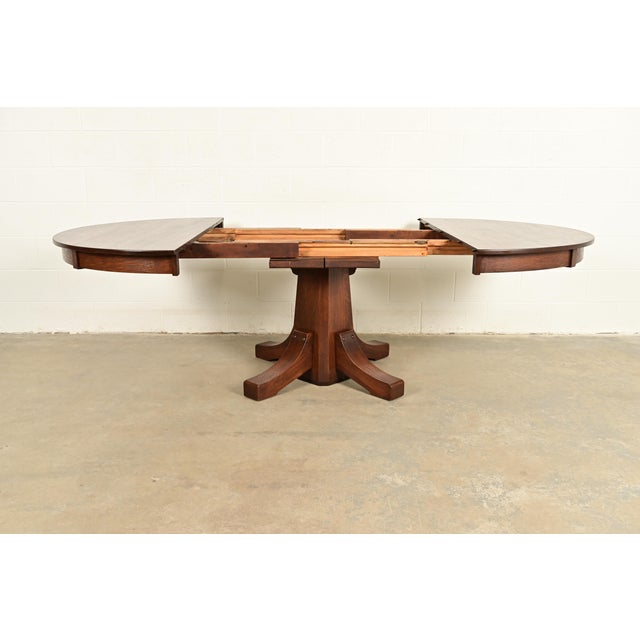 Stickley Brothers Antique Mission Oak Arts & Crafts Pedestal Extension Dining Table, Newly Refinished For Sale In South Bend - Image 6 of 13