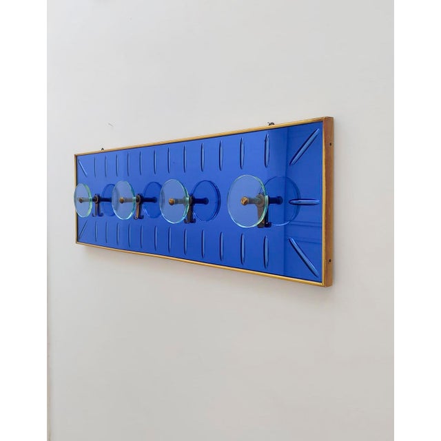 Metal Vintage Space Age Italian Wall Coat Hanger in Blue Glass and Brass by Murano for Cristal Art, 1970s For Sale - Image 7 of 11