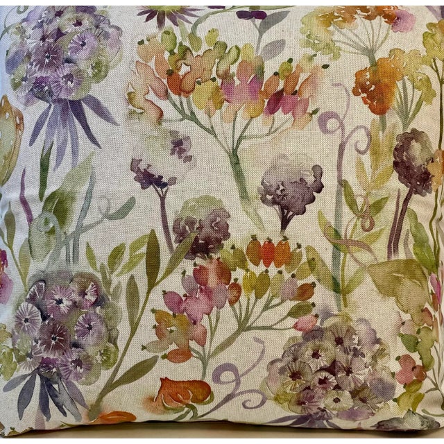 20” Square Pillow With A Purple and Orange Watercolor-Like Floral Print - Made in U K. This pillow was made in Wales,...