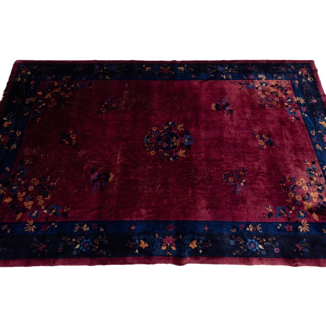 Textile Art Deco Chinese Floral Designed Antique Wool Rug in Red For Sale - Image 7 of 10