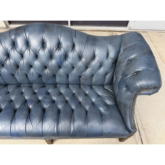 Wood Vintage Blue Leather Camelback Chesterfield Sofa For Sale - Image 7 of 18
