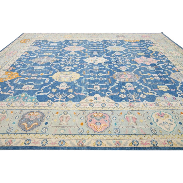 2010s Blue Modern Oushak Handmade Multicolor Floral Motif Oversize Wool Rug For Sale - Image 5 of 10