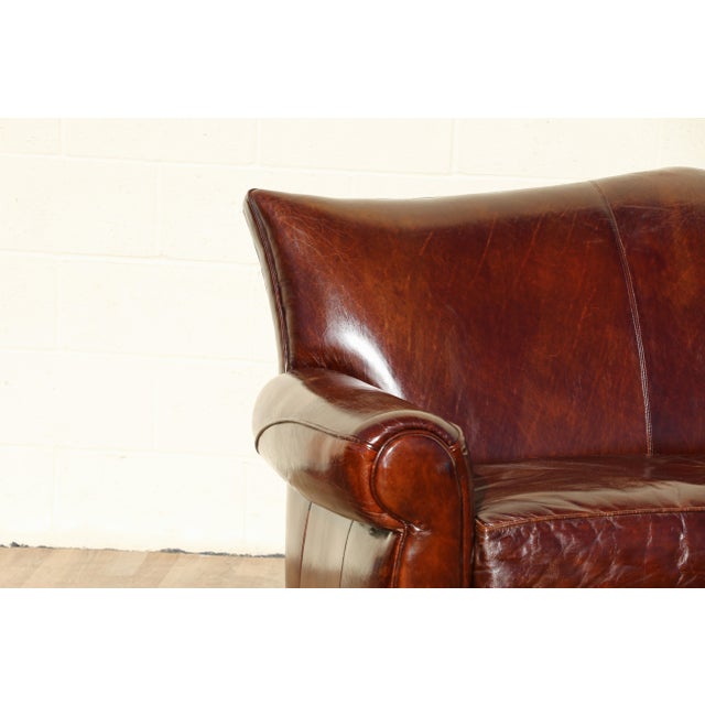 Vintage Art Deco Distressed Brown Leather Three-Seat Sofa With Mustache Back For Sale - Image 4 of 18