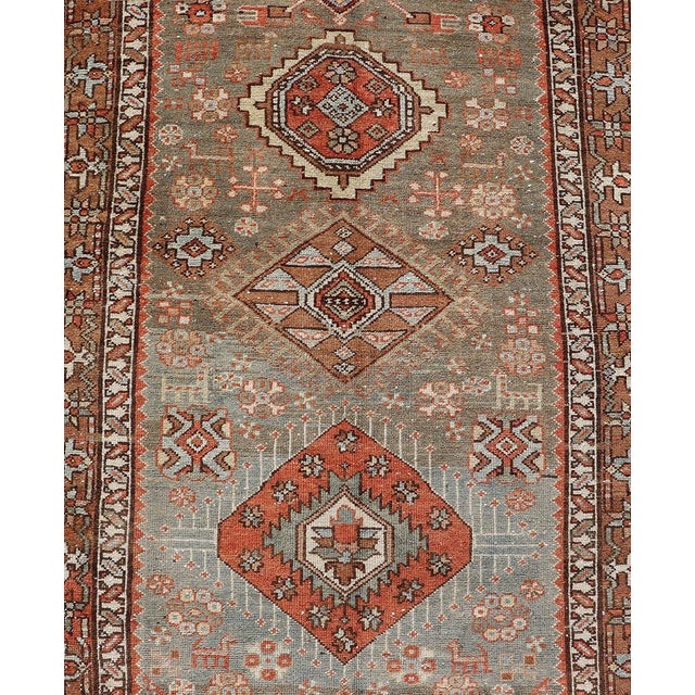 Textile Antique Persian Long Serapi Runner With Multi Medallions in Green, Blue, Orange For Sale - Image 7 of 14