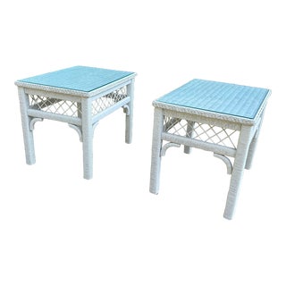 1980s Henry Link Wicker End Tables With Glass Tops - a Pair For Sale
