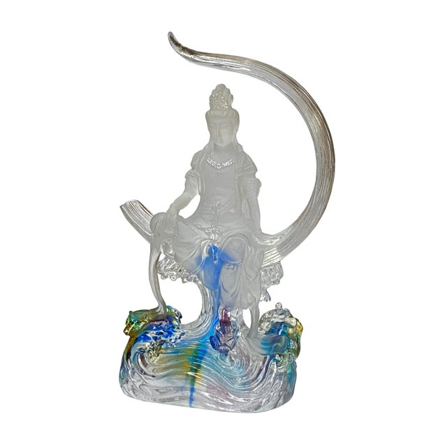 Chinese Crystal Glass Liuli Pate-De-Verre Moon Face Kwan Yin Bodhisattva Statue For Sale - Image 3 of 6
