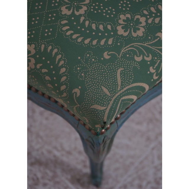 French Green Damask Upholstered Foot Stool or Ottoman For Sale - Image 4 of 12