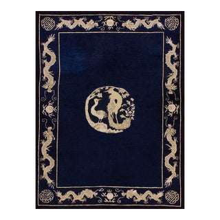 1900s Blue Navy Dragon Crane Medallion Antique Chinese Peking Carpet 5' X 6'10" Knotted Wool Rug For Sale