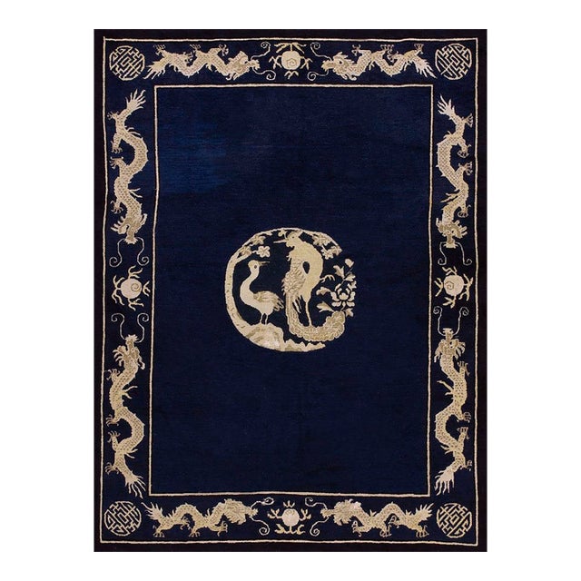 1900s Blue Navy Dragon Crane Medallion Antique Chinese Peking Carpet 5' X 6'10" Knotted Wool Rug For Sale