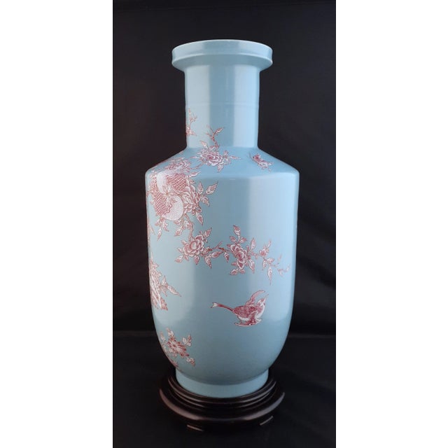 Chinese porcelain flower and bird bangchuiping, a finely formed, Rouleau shape vase with a sky-blue glazed body, and a...