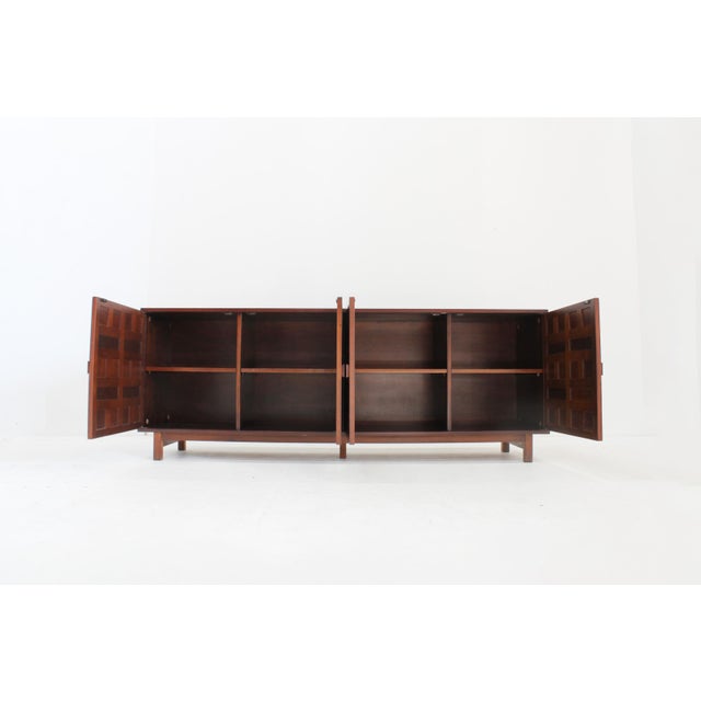 Spanish Brutalist Sideboard in Stained walnut wood with panelled geometric front. Beautiful piece from the 1970s. Plenty...