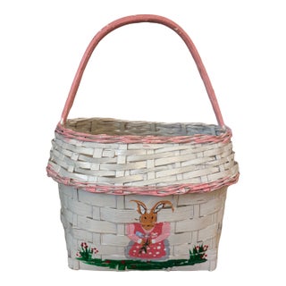 1980s Folk Art Hand-Painted Rabbit Basket For Sale
