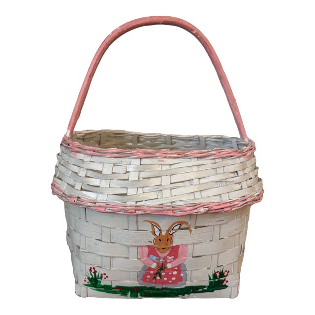 1980s Folk Art Hand-Painted Rabbit Basket For Sale