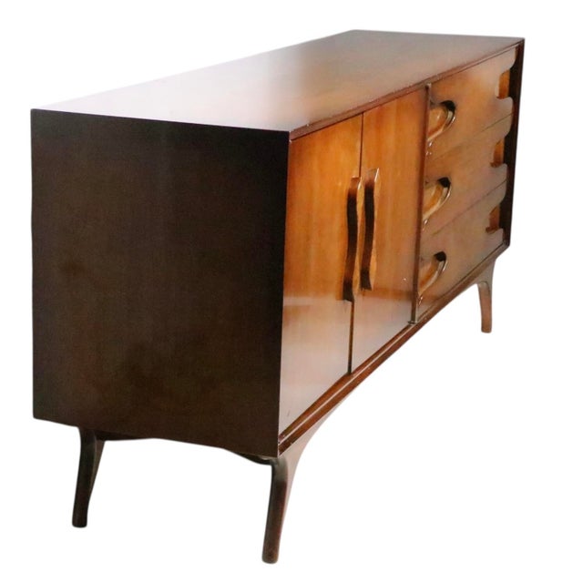 Mid-Century Modern Mid Century Dresser With Burl Trim and Sculpted Legs and Drawer Pulls C 1950/60's For Sale - Image 3 of 14