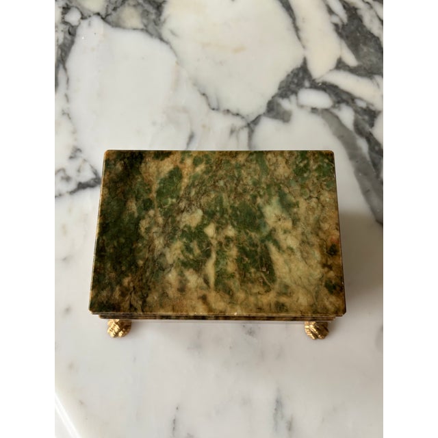 Mid 20th Century Mid-Century Italian Grand Tour Green Alabaster Box With Brass Paw Feet For Sale - Image 5 of 15