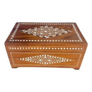 Late 20th Century Large Solid Teak Inlaid Jewlery Box w/ Geometric & Floral Motifs For Sale