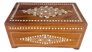 Late 20th Century Large Solid Teak Inlaid Jewlery Box w/ Geometric & Floral Motifs