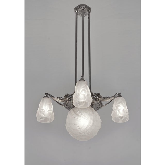 Art Deco Degue French Art Deco Chandelier 1930s - 5 Geometric Frosted Glass Shades For Sale - Image 3 of 11