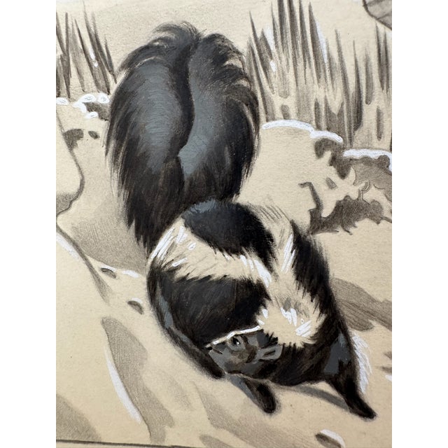 Illustration 1940s Original Signed Graphite Illustration of Hound Dog and Skunk Winter Scene, 12 × 9.5 In. For Sale - Image 3 of 6