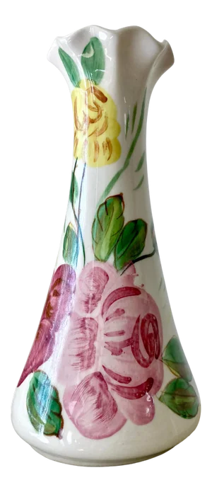 Circa 1930 Blue Ridge Southern Potteries Delphine Shape Ruffled Vase, Carol’s Roses Pattern #3090