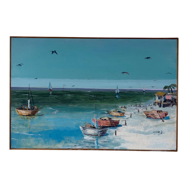 1977 Vintage Coastal Seascape Oil on Canvas Painting – Signed, Illegible For Sale