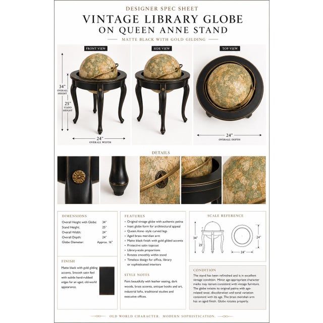 MATTE BLACK & GOLD GILDED VINTAGE LIBRARY GLOBE ON QUEEN ANNE STAND New York Loft Edition A dramatically refinished...