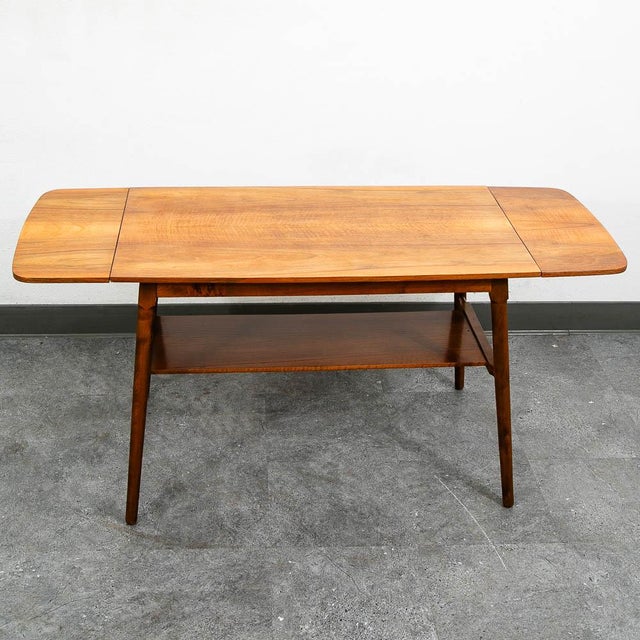 Mid Century Danish Modern Coffee Table Walnut Drop Leaf Shelf Vintage MCM For Sale - Image 9 of 11