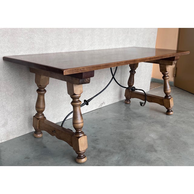Late 19th Century Late 19th Spanish Walnut Dining Fratino Table With Iron Stretcher For Sale - Image 5 of 11