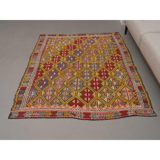 Turkish 1970s Vintage Handmade Wool Cotton Turkish Yellow Gold Runner Rug For Sale - Image 3 of 11