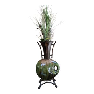 Artisan Glazed Ceramic Vase on Wrought Iron Stand With Sculptural Horn Accent For Sale