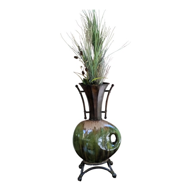 Artisan Glazed Ceramic Vase on Wrought Iron Stand With Sculptural Horn Accent For Sale