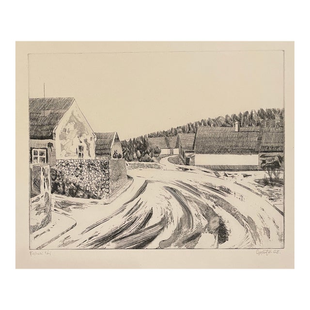 1968 Gyarfas Gabor European Village Landscape Etching For Sale