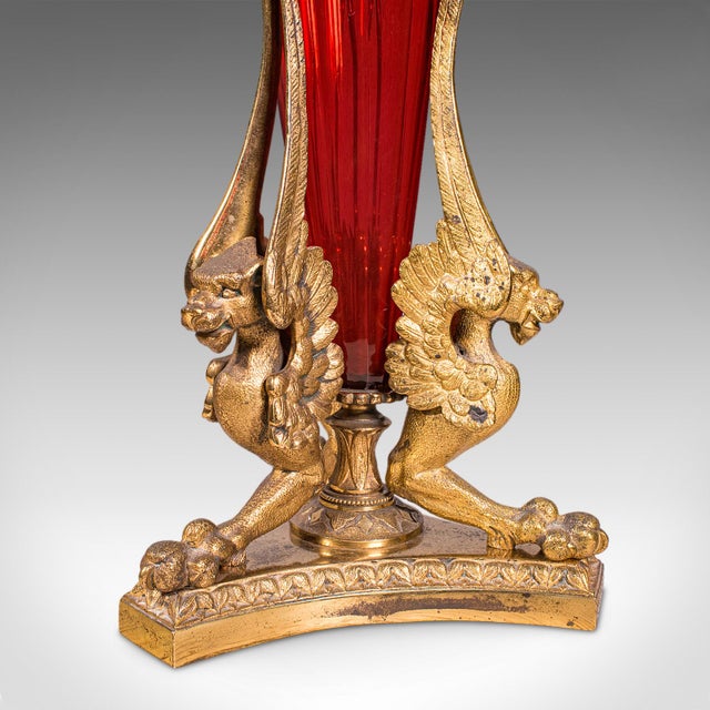 Antique Epergne, French, Gilt Bronze, Cranberry Art Glass, Flower Vase, c.1920 For Sale - Image 10 of 12