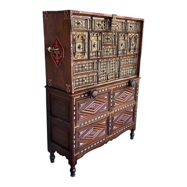 Spanish Cabinet "Bargueño" Walnut, Wrought Iron, Stone, 17th Century For Sale