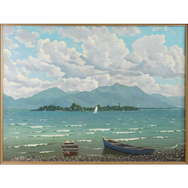 American Mid 20th Century Original Signed Thomas Kurringer "Sailboats on a Lake" Oil Painting For Sale - Image 3 of 5