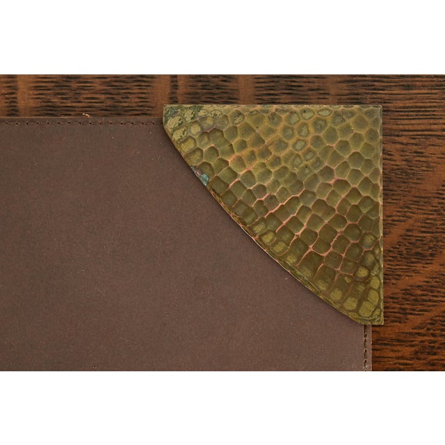 Metal Roycroft Arts & Crafts Brass Finished Hammered Copper Blotter Corners With Leather Desk Blotter For Sale - Image 7 of 13