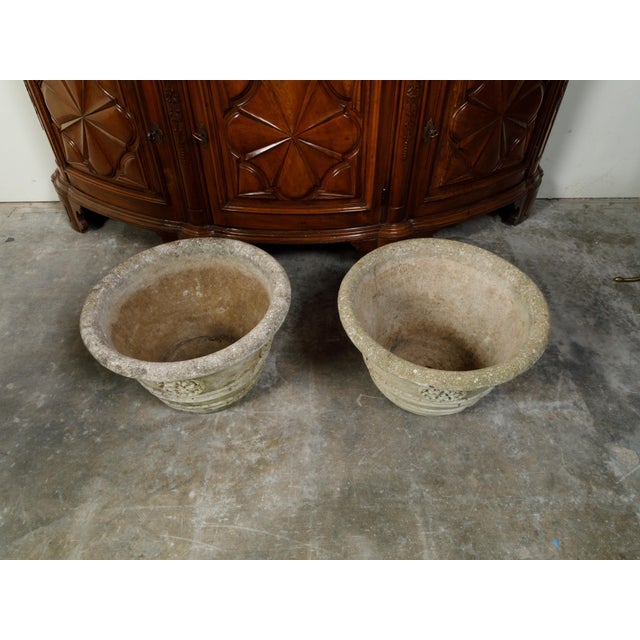 Gray Vintage Pair of Mid-Century Cast Stone Planters with Rosette Motifs For Sale - Image 8 of 11