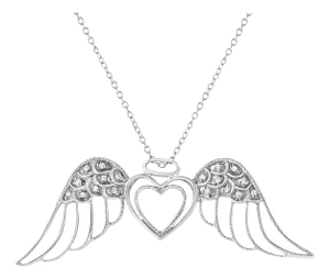 .925 Sterling Silver Pave-Set Diamond Accent Angel Wing 18" Double Heart Pendant Necklace
