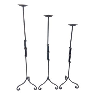 Hand Forged Iron Candelabra Set of 3 (90-110cm) Antique Copper Finish Iron Bamboo Stem with Scroll Base Estate Set For Sale