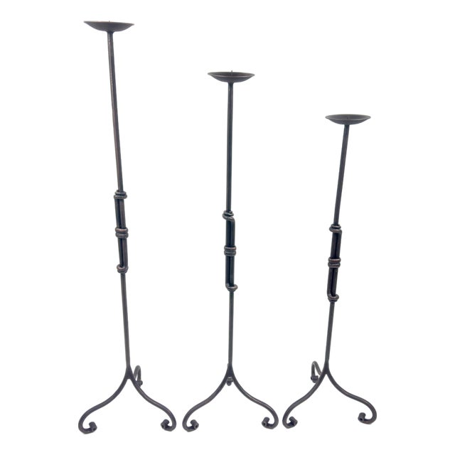 Hand Forged Iron Candelabra Set of 3 (90-110cm) Antique Copper Finish Iron Bamboo Stem with Scroll Base Estate Set For Sale
