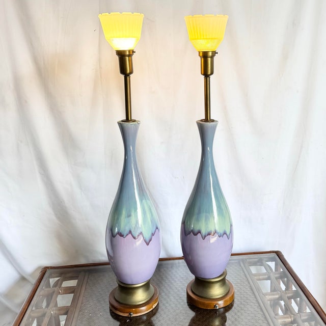 Sky Blue Mid Century Modern Lilac and Sky Blue Glazed Ceramic Table Lamps - A Pair For Sale - Image 8 of 10
