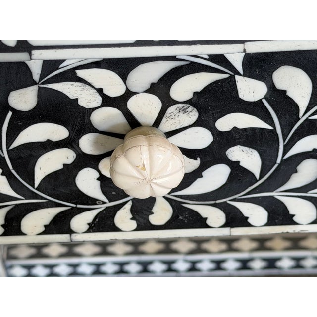Aditya Handicrafts Indian Black & White Floral Bone Inlay Two-Drawer Console Table, 2021 For Sale - Image 9 of 12